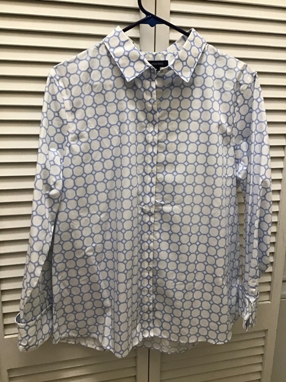 Lands' End Women's White Button-Down Shirt with Light Blue Geometric Pattern